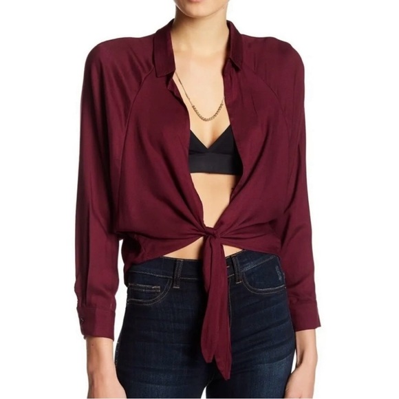 Good Luck Gem Tops - GOOD LUCK GEM Burgundy Tie Front Blouse - Size S